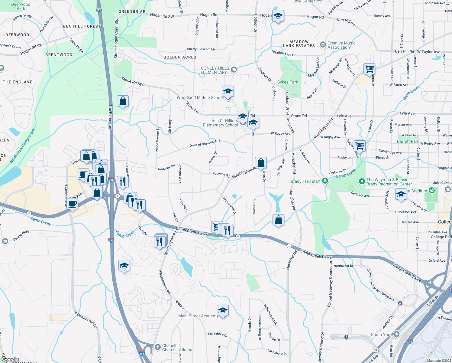 map of restaurants, bars, coffee shops, grocery stores, and more near 3560 Potomac Terrace in East Point
