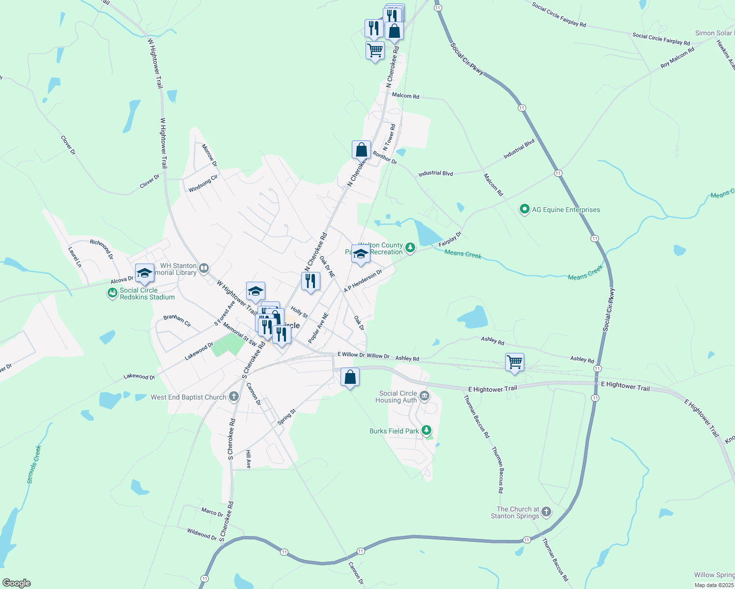 map of restaurants, bars, coffee shops, grocery stores, and more near 343 Cherry Street in Social Circle