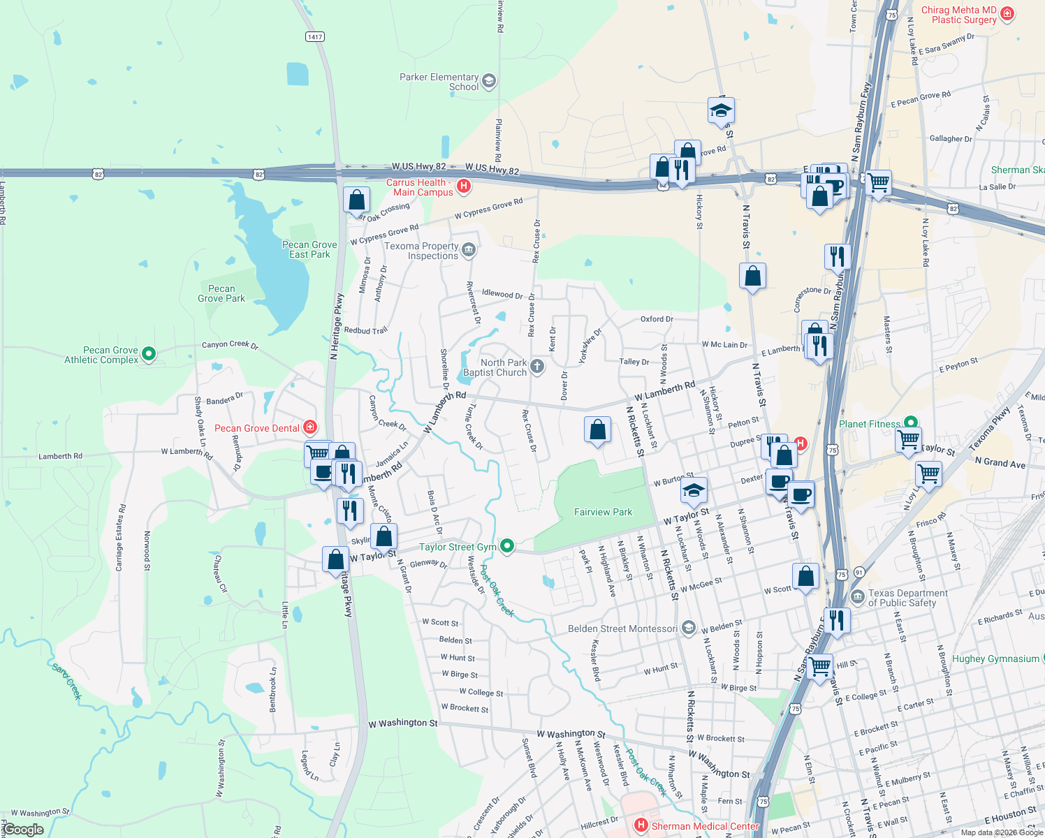 map of restaurants, bars, coffee shops, grocery stores, and more near 2410 Rex Cruse Dr in Sherman