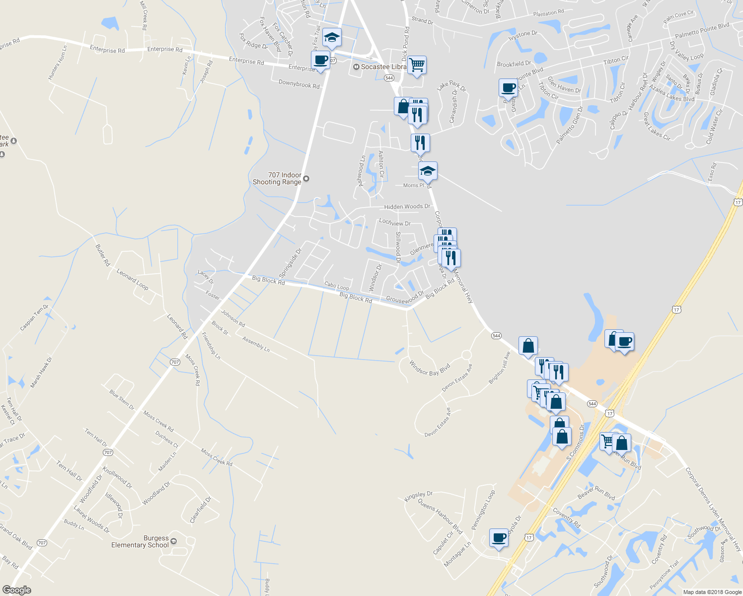 map of restaurants, bars, coffee shops, grocery stores, and more near 4045 Grousewood Drive in Myrtle Beach