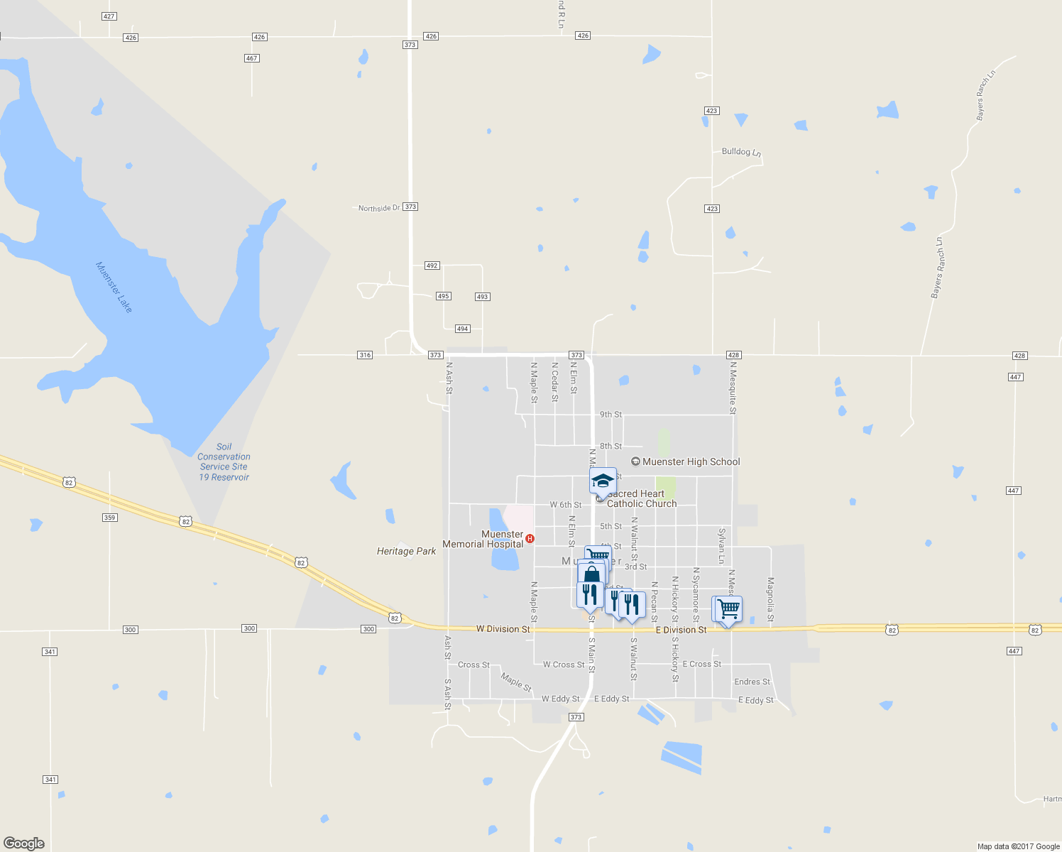 map of restaurants, bars, coffee shops, grocery stores, and more near 927 North Maple Street in Muenster