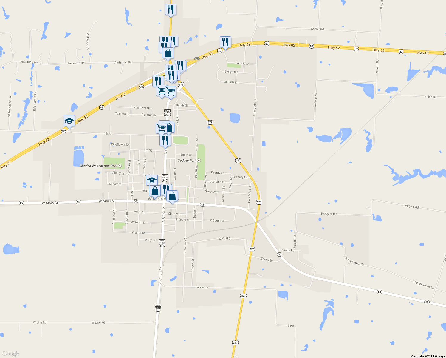 map of restaurants, bars, coffee shops, grocery stores, and more near 209 Buchanan St in Whitesboro