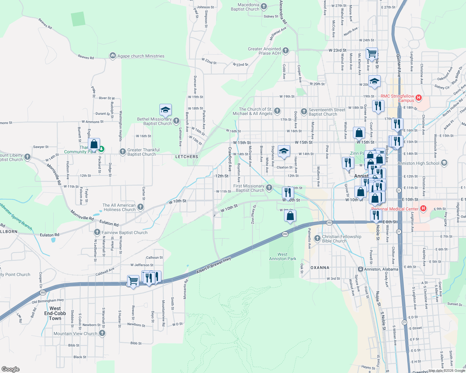 map of restaurants, bars, coffee shops, grocery stores, and more near 1107 Crawford Avenue in Anniston