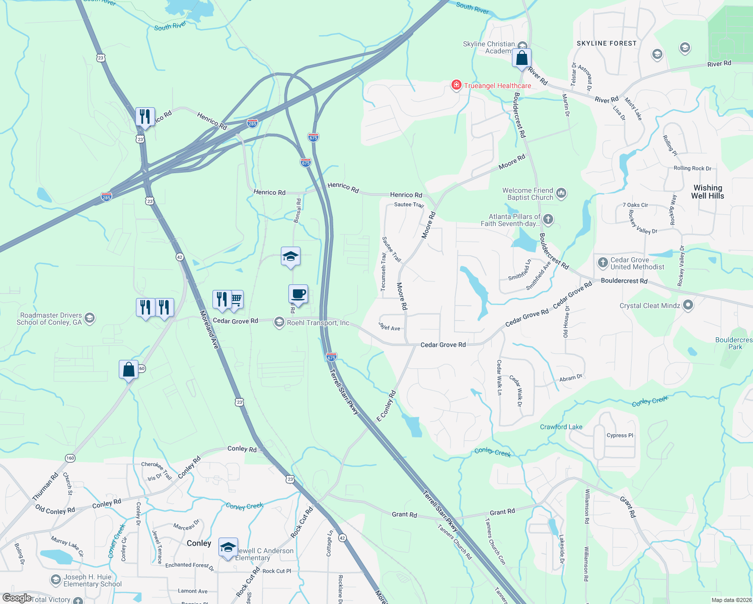 map of restaurants, bars, coffee shops, grocery stores, and more near 1709 Natchez Trail in Conley