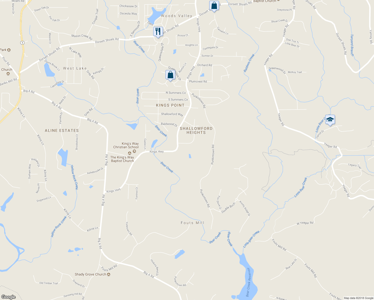 map of restaurants, bars, coffee shops, grocery stores, and more near 5350 Kings Highway in Douglasville