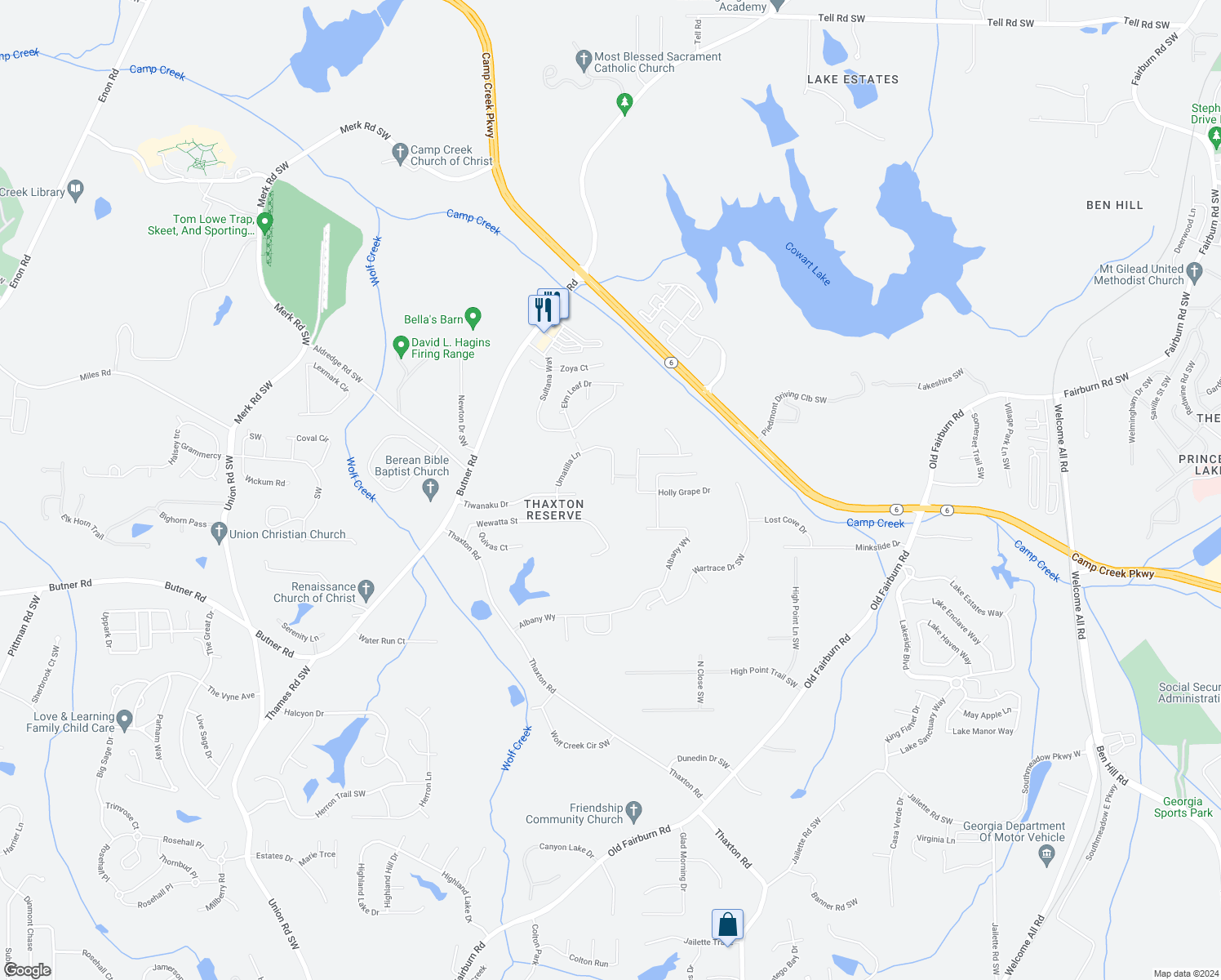 map of restaurants, bars, coffee shops, grocery stores, and more near 3482 Umatilla Lane in Atlanta