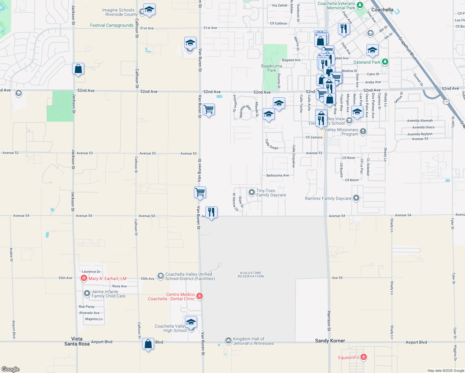 map of restaurants, bars, coffee shops, grocery stores, and more near 53687 West Sienna Circle in Coachella