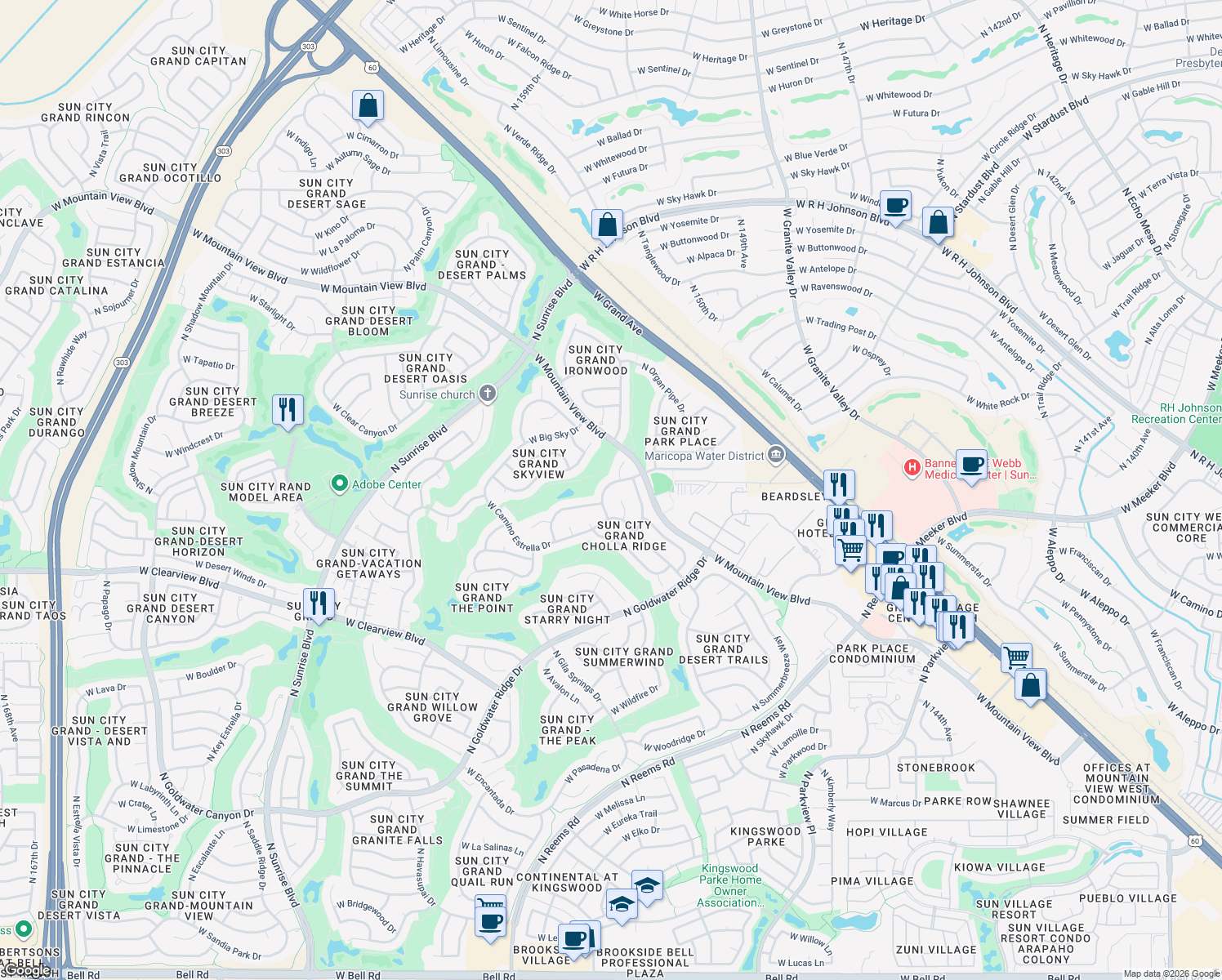 map of restaurants, bars, coffee shops, grocery stores, and more near 19755 North Lone Cactus Drive in Surprise