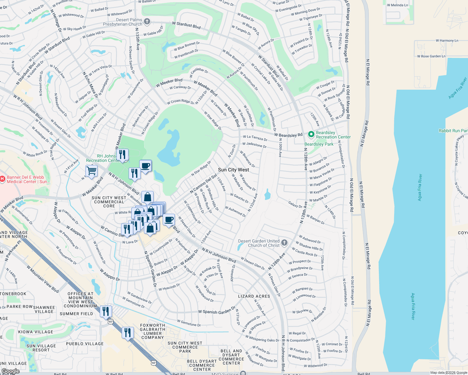 map of restaurants, bars, coffee shops, grocery stores, and more near 13230 Bellwood Drive in Sun City West