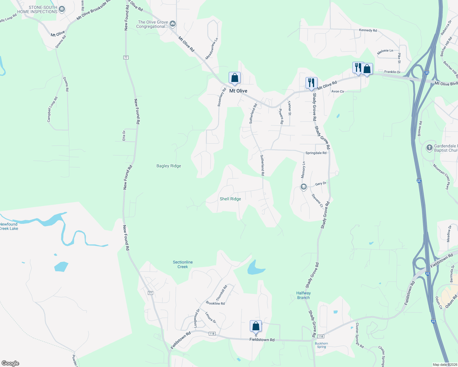 map of restaurants, bars, coffee shops, grocery stores, and more near 839 Westwood Road in Mount Olive