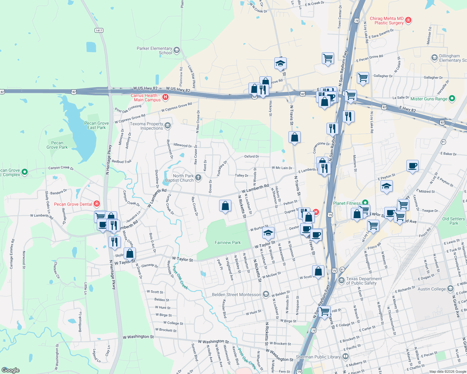 map of restaurants, bars, coffee shops, grocery stores, and more near 2510 North Ricketts Street in Sherman