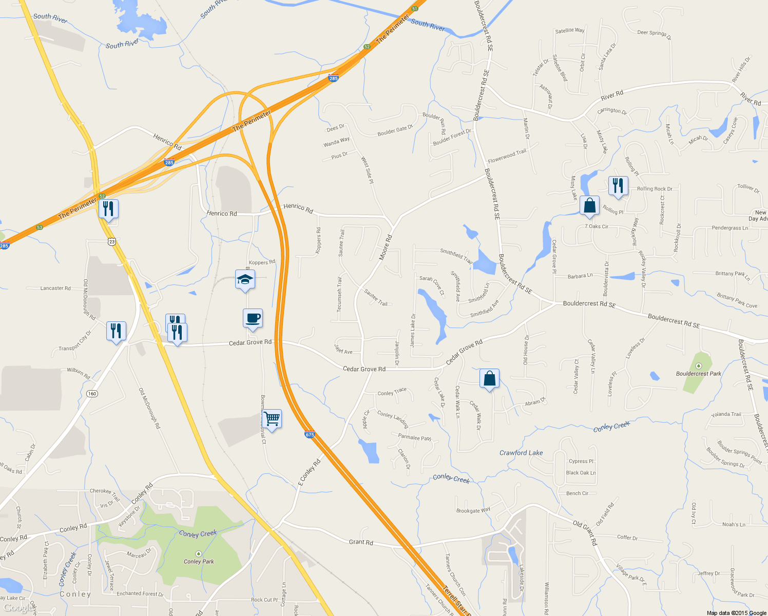 map of restaurants, bars, coffee shops, grocery stores, and more near 4141 Sautee Trail in Conley