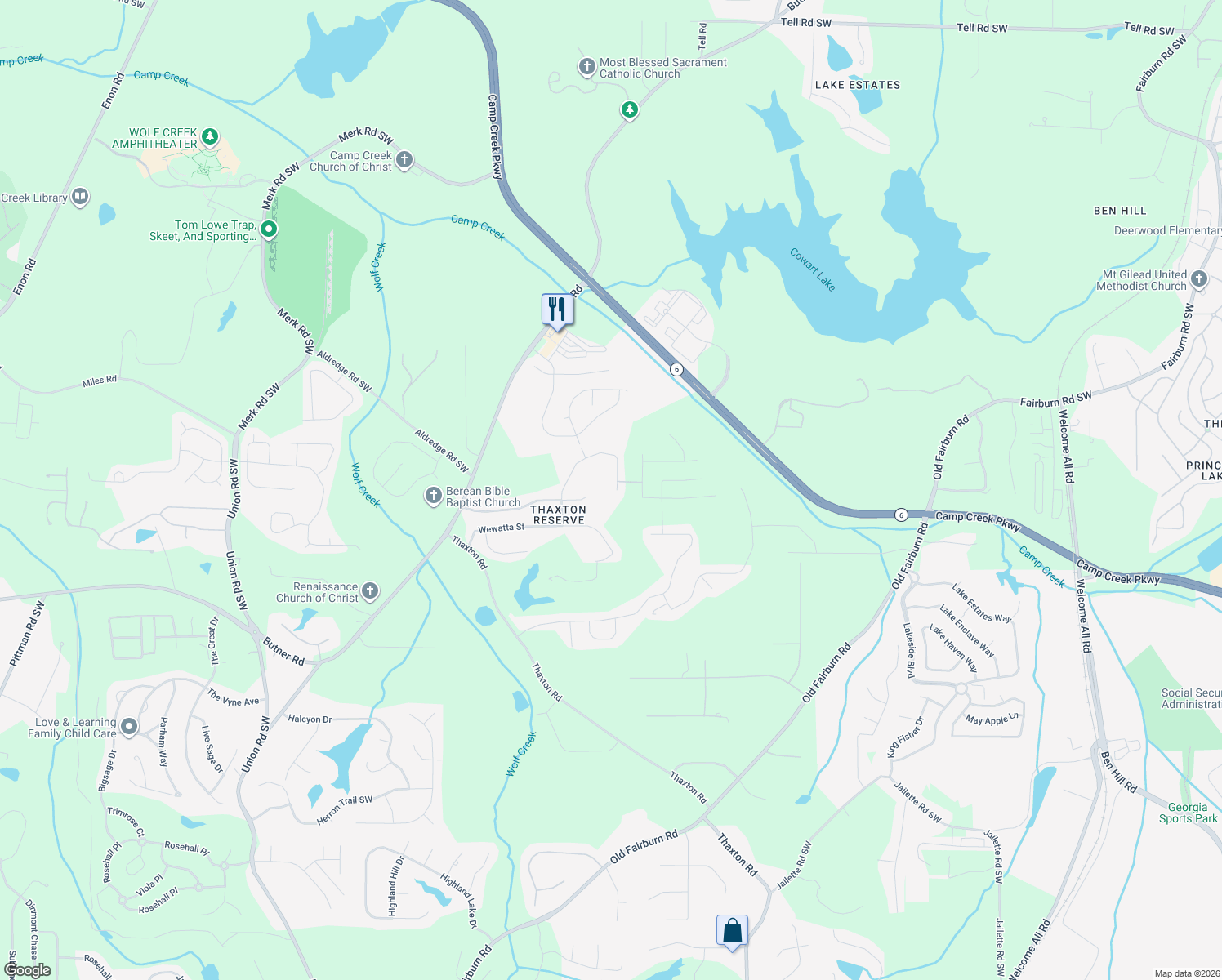 map of restaurants, bars, coffee shops, grocery stores, and more near 3486 Umatilla Lane in Atlanta