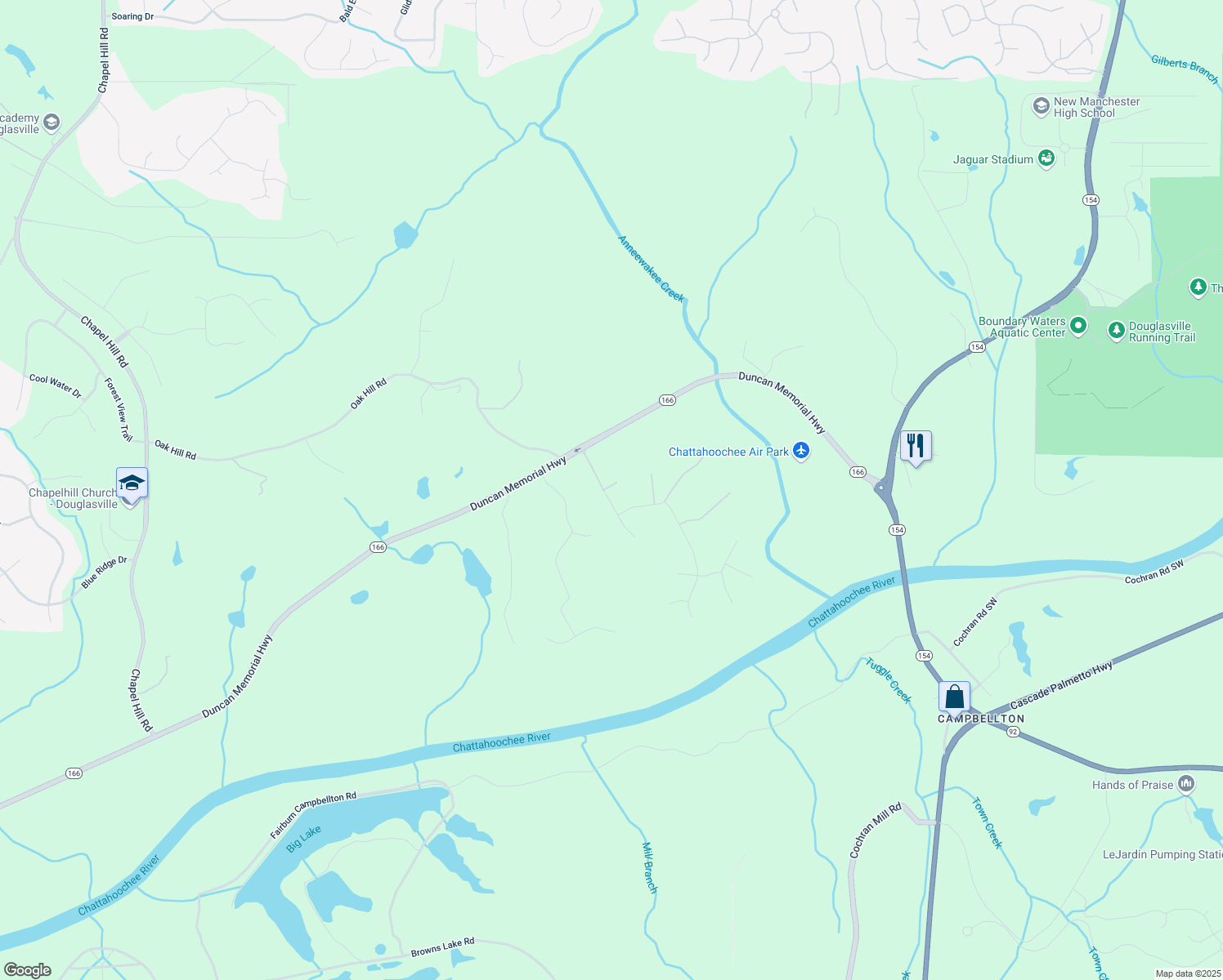 map of restaurants, bars, coffee shops, grocery stores, and more near 3393 Milan Court in Douglasville