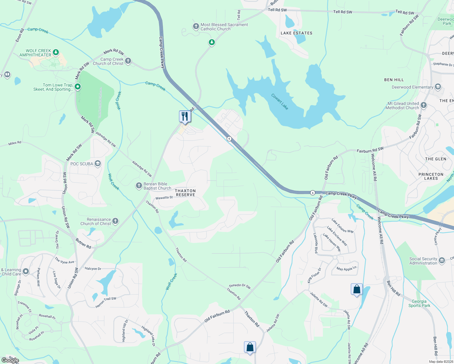 map of restaurants, bars, coffee shops, grocery stores, and more near 3487 Umatilla Lane in Atlanta