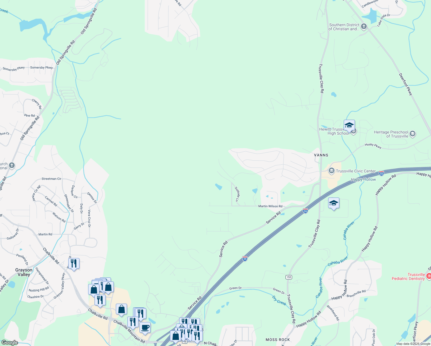 map of restaurants, bars, coffee shops, grocery stores, and more near 4699 Martin Wilson Road in Trussville