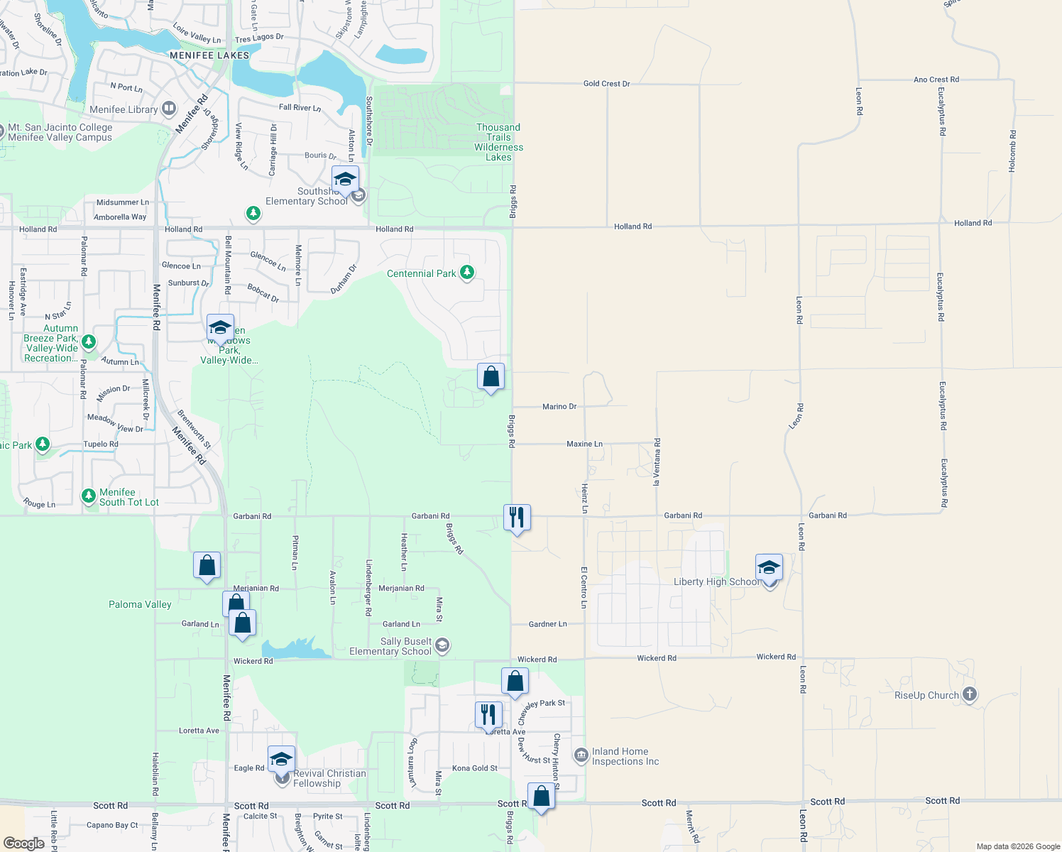 map of restaurants, bars, coffee shops, grocery stores, and more near 30100 Maxine Lane in Menifee