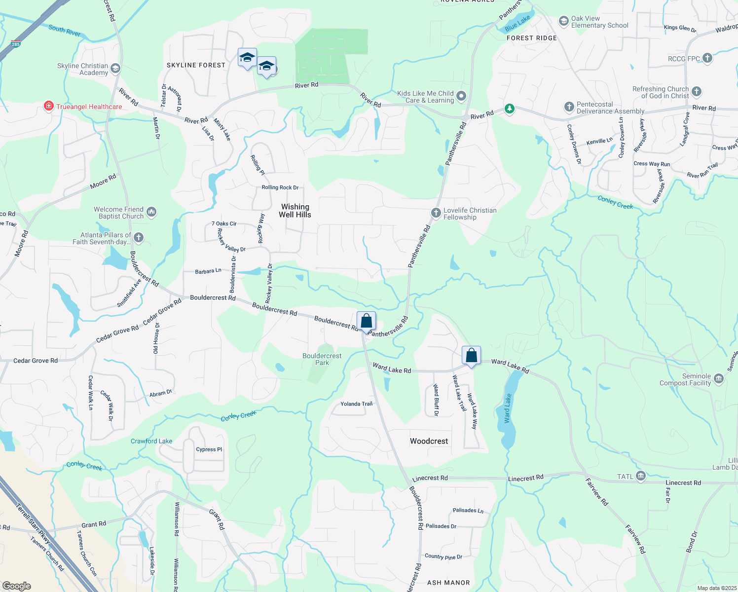 map of restaurants, bars, coffee shops, grocery stores, and more near 2580 Brittany Park Cove in Ellenwood