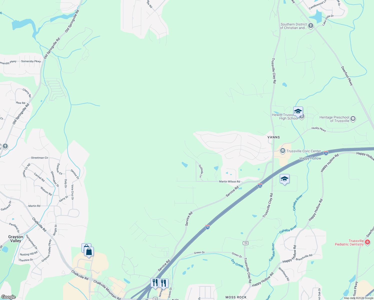 map of restaurants, bars, coffee shops, grocery stores, and more near 4699 Martin Wilson Road in Trussville