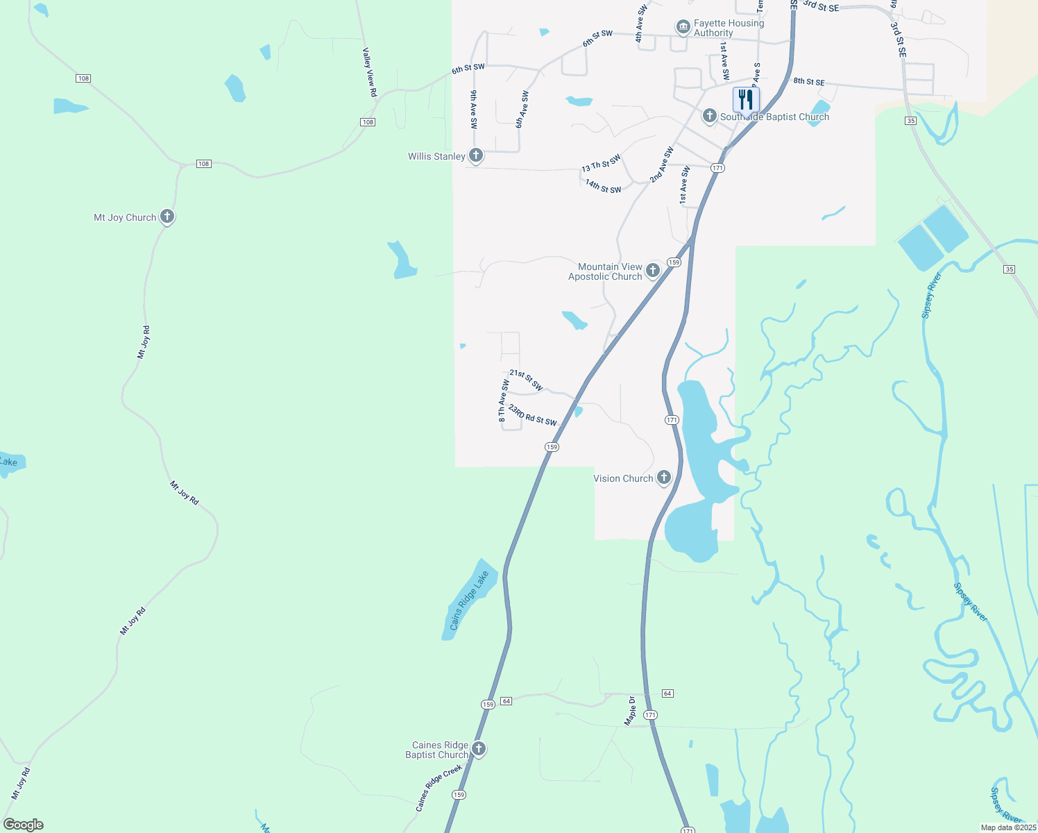 map of restaurants, bars, coffee shops, grocery stores, and more near 800 24 Th Street Southwest in Fayette