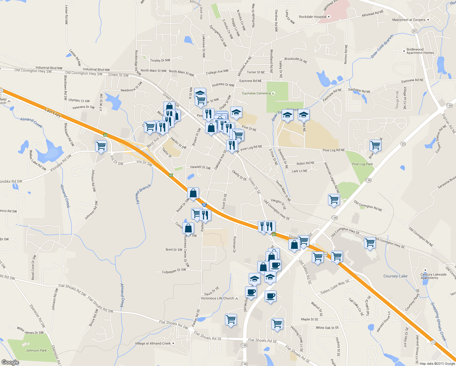 map of restaurants, bars, coffee shops, grocery stores, and more near 910 Oak Ln SE in Conyers