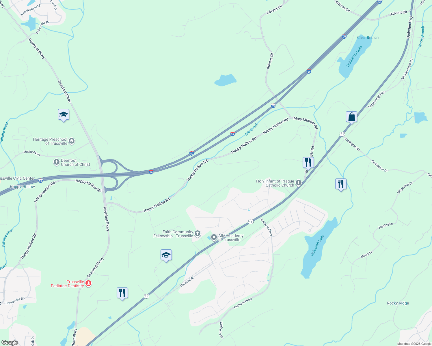 map of restaurants, bars, coffee shops, grocery stores, and more near 7601 Cottonridge Road in Trussville
