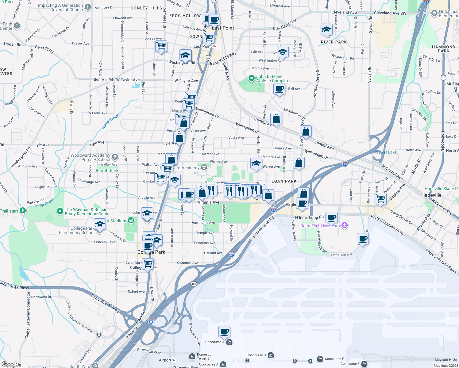 map of restaurants, bars, coffee shops, grocery stores, and more near 1508 Cambridge Avenue in College Park