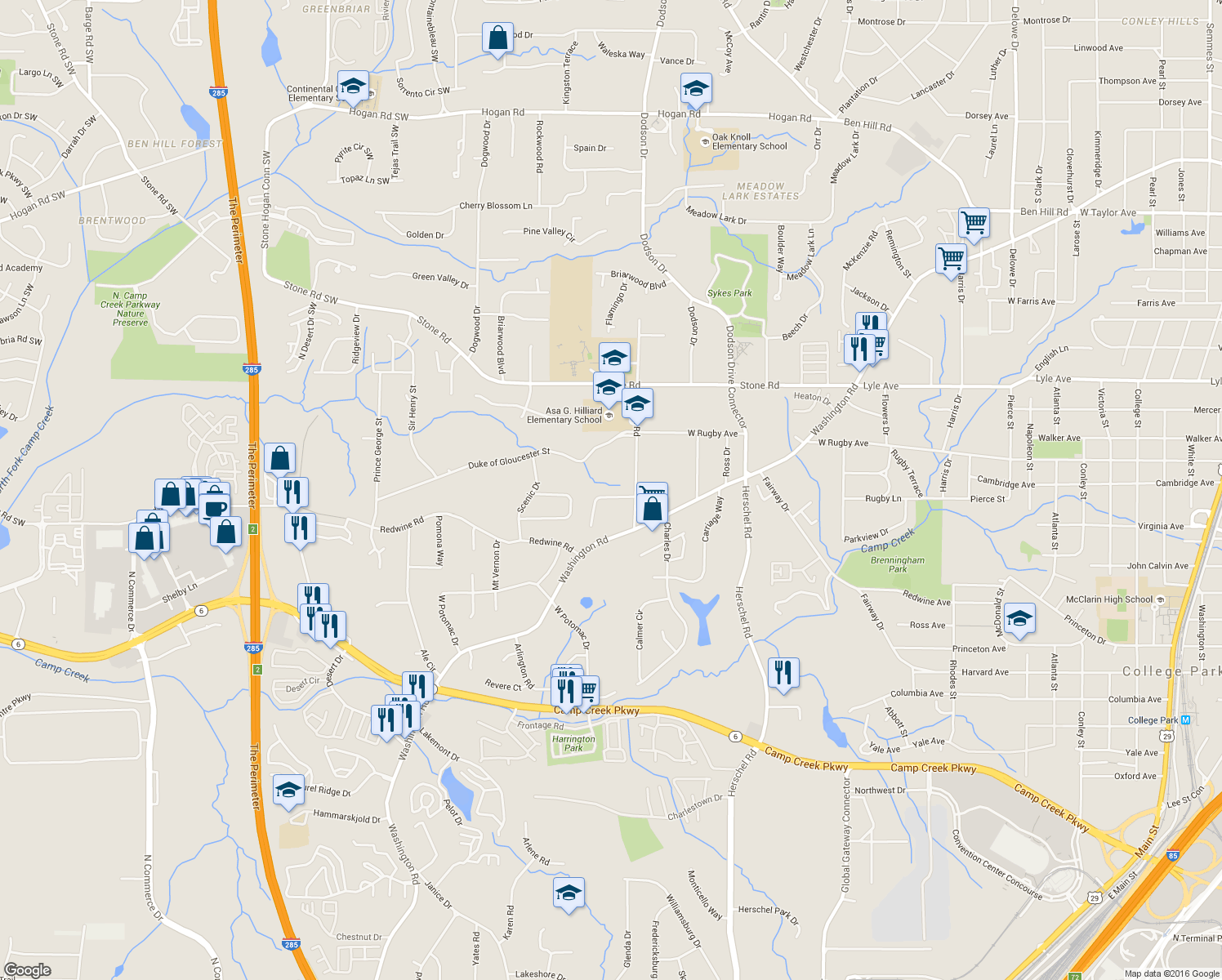 map of restaurants, bars, coffee shops, grocery stores, and more near 2739 Dresden Trail in East Point