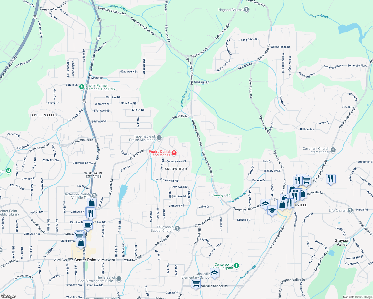 map of restaurants, bars, coffee shops, grocery stores, and more near 801 Farrington Drive in Birmingham