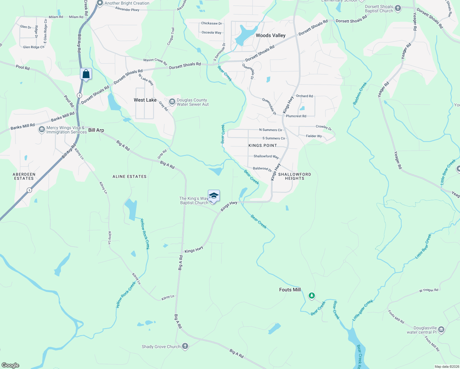 map of restaurants, bars, coffee shops, grocery stores, and more near 5301 Caitlin Ln in Douglasville
