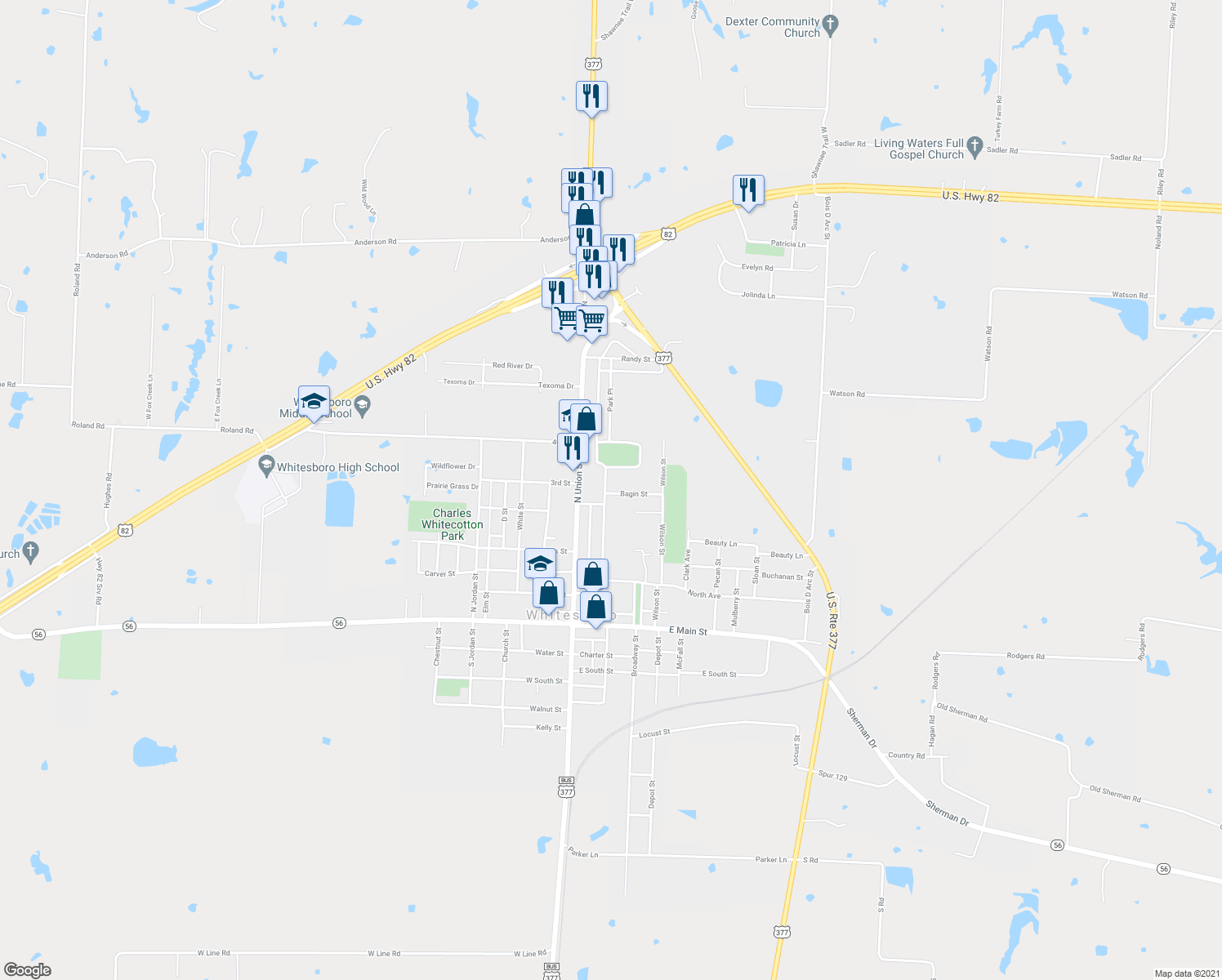 map of restaurants, bars, coffee shops, grocery stores, and more near 500 Center Street in Whitesboro