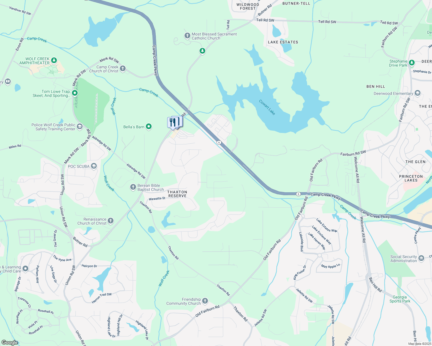 map of restaurants, bars, coffee shops, grocery stores, and more near 4779 Mock Orange Street in Atlanta