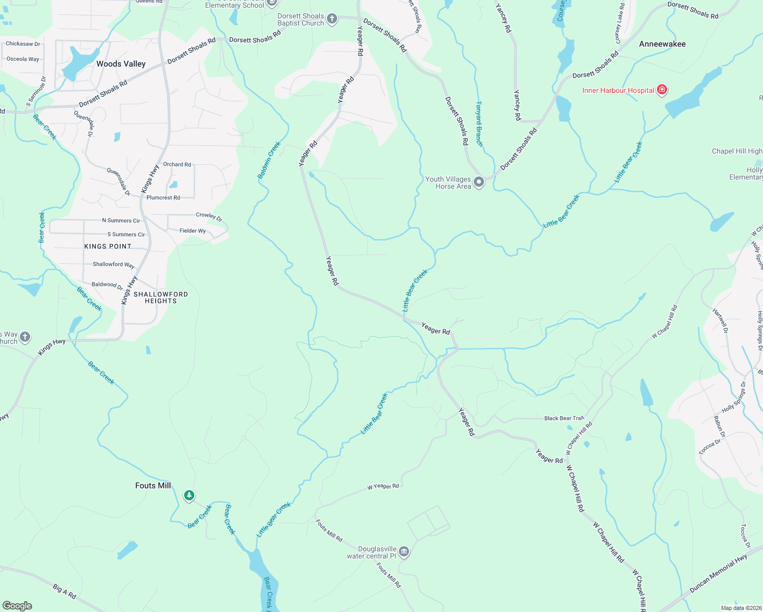 map of restaurants, bars, coffee shops, grocery stores, and more near 5277 Yeager Road in Douglasville