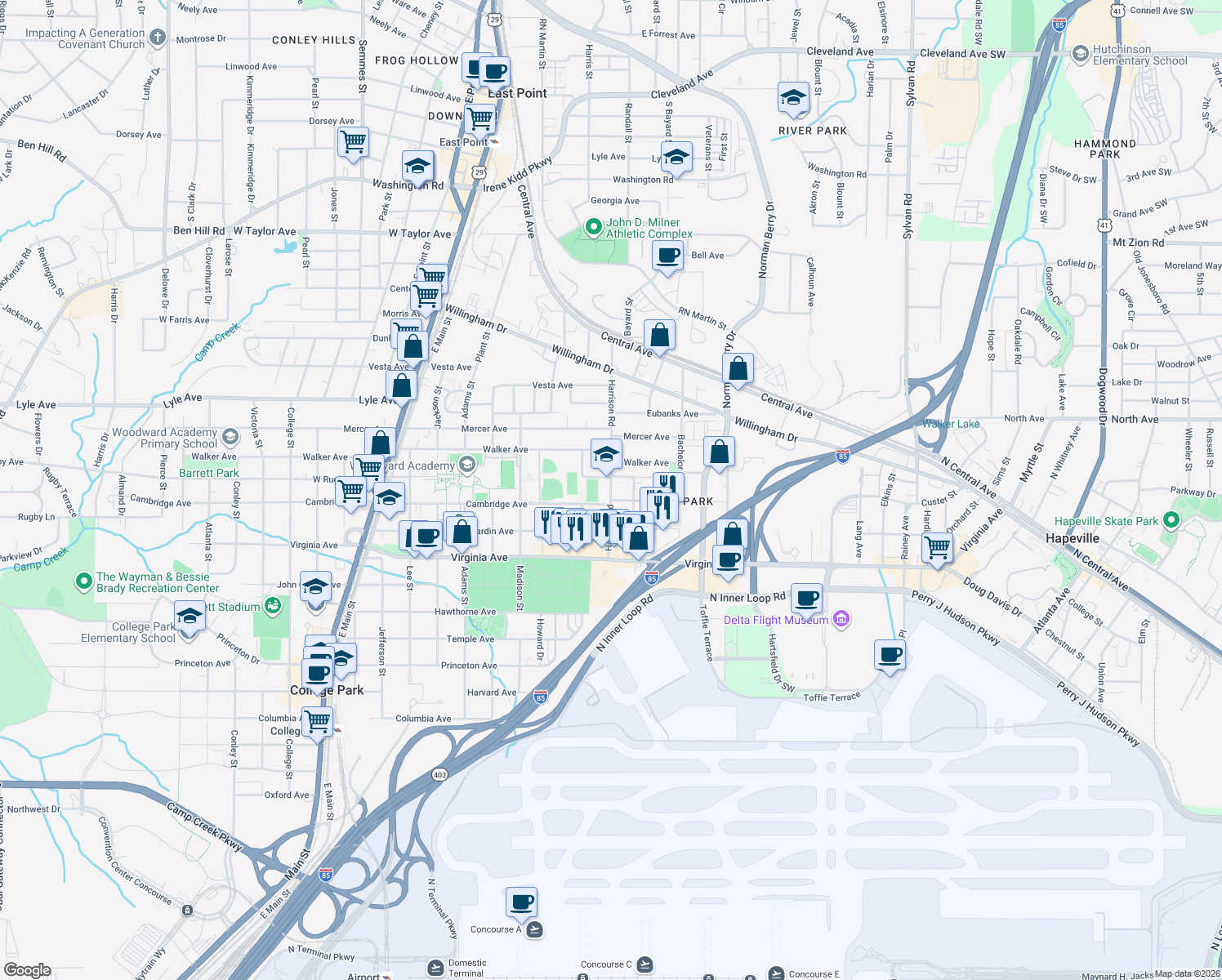 map of restaurants, bars, coffee shops, grocery stores, and more near 3412 Harrison Rd in East Point