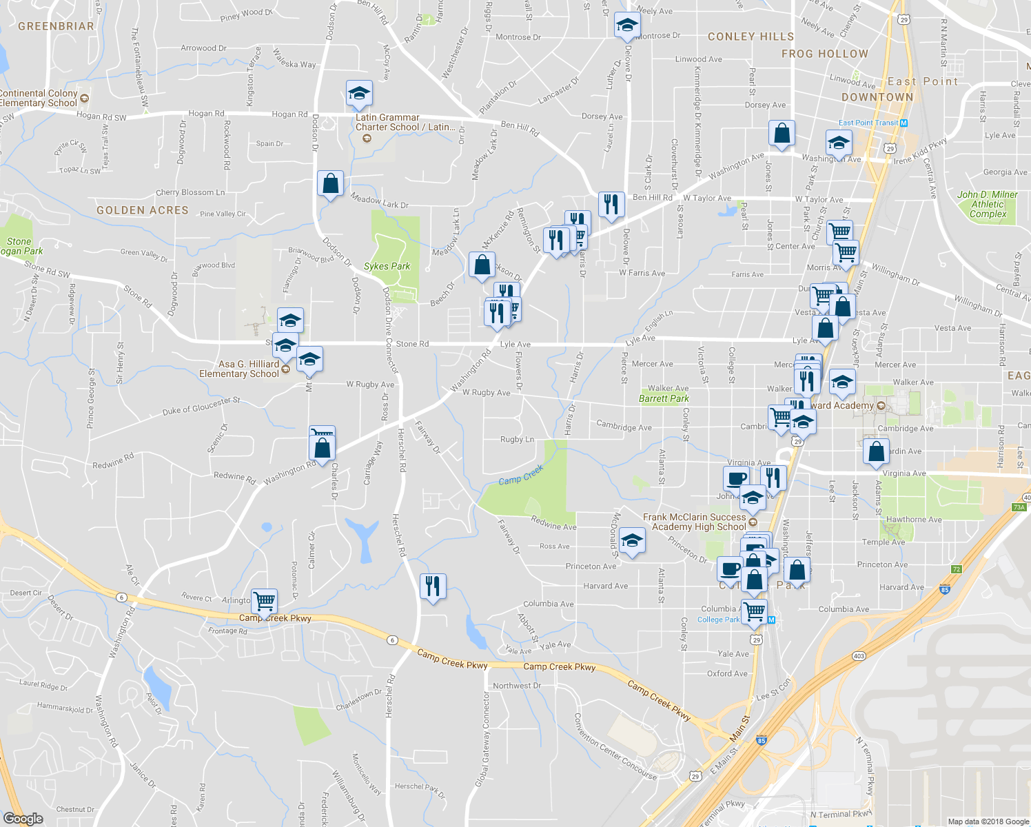 map of restaurants, bars, coffee shops, grocery stores, and more near 3423 Rugby Cir in College Park