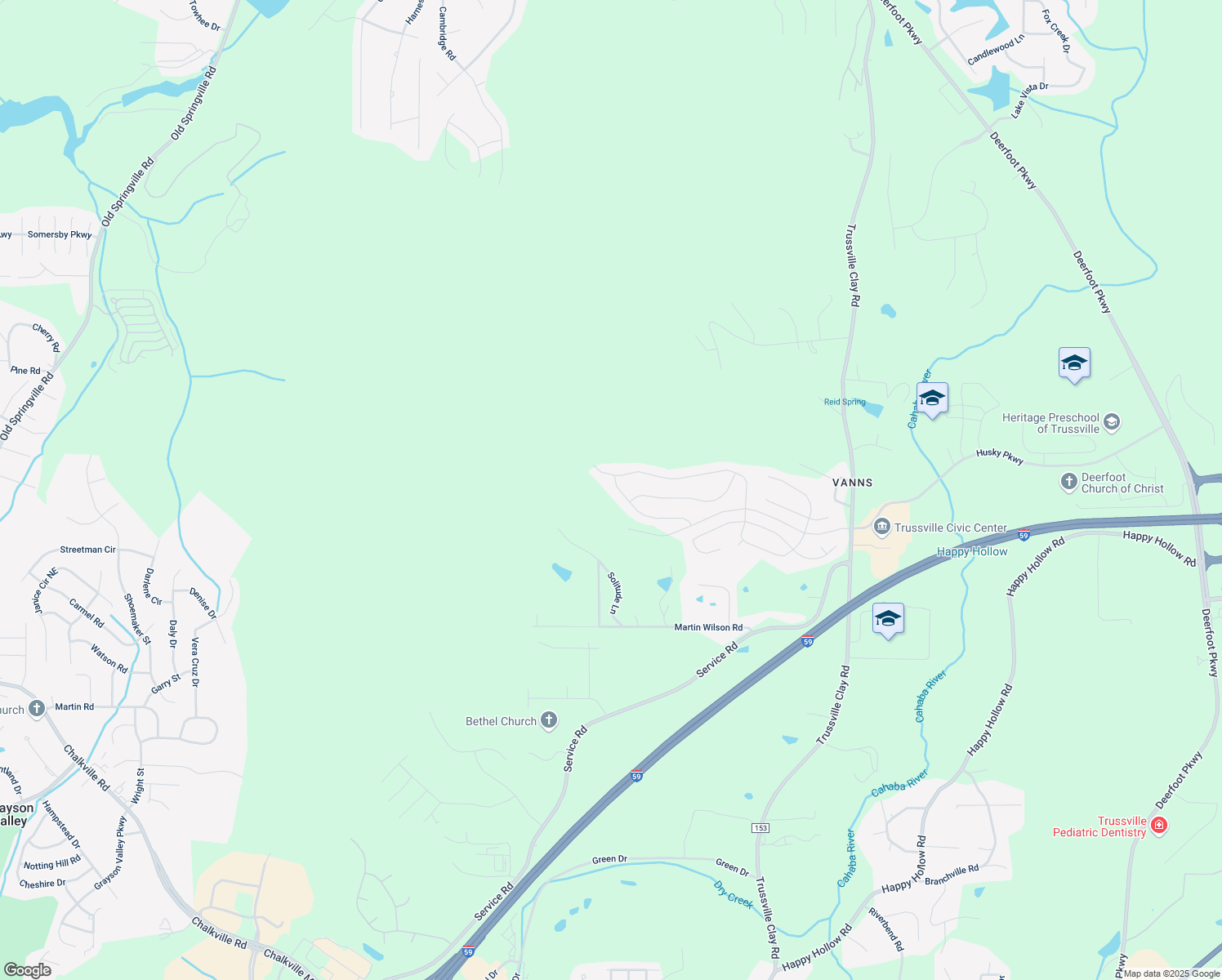 map of restaurants, bars, coffee shops, grocery stores, and more near 4251 Solitude Lane in Trussville