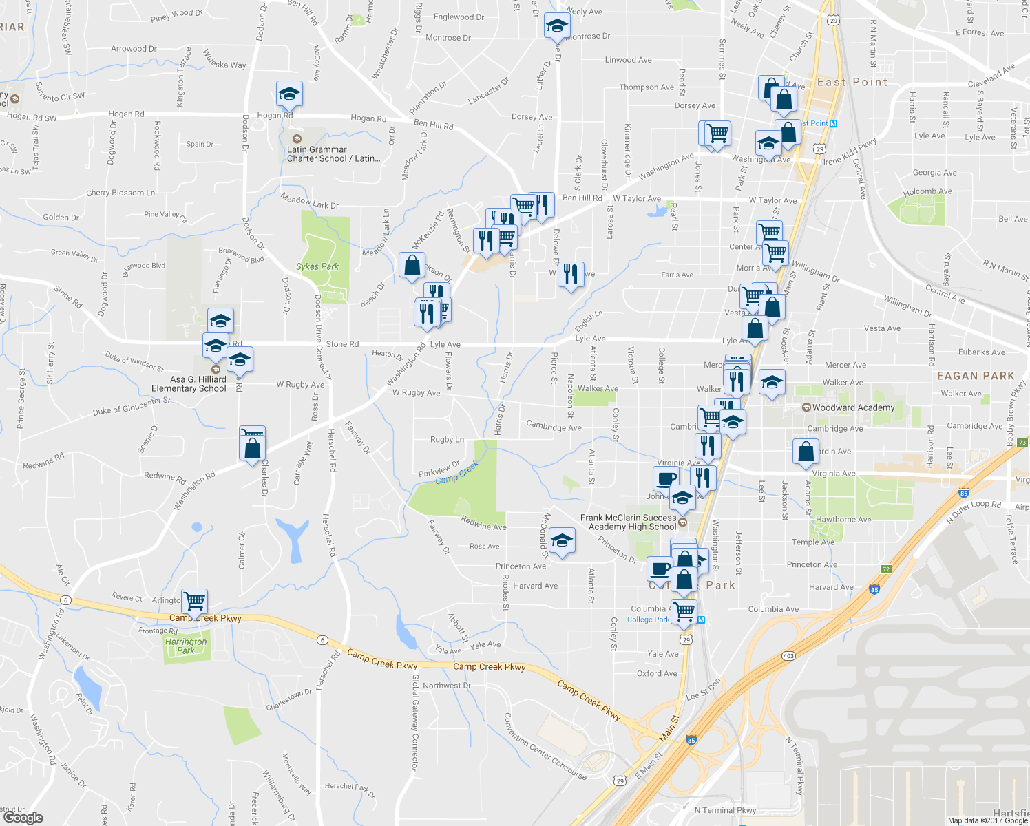 map of restaurants, bars, coffee shops, grocery stores, and more near 3421 Almand Drive in College Park