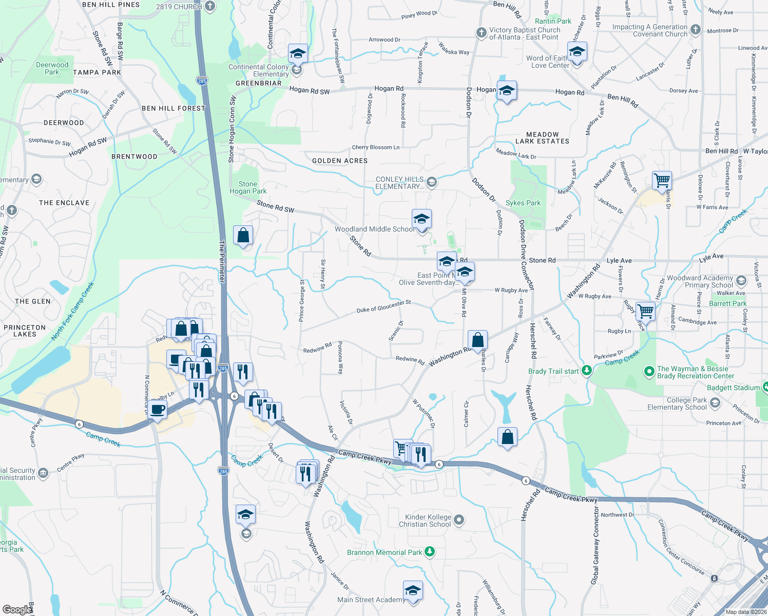 map of restaurants, bars, coffee shops, grocery stores, and more near 2920 Duke of Gloucester Street in East Point