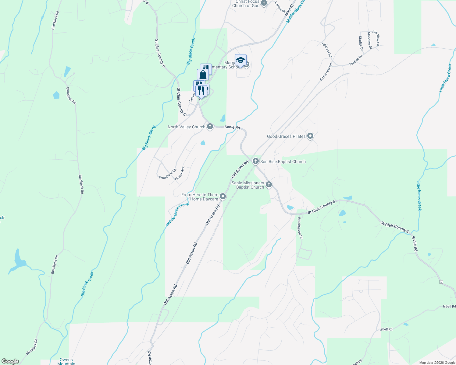 map of restaurants, bars, coffee shops, grocery stores, and more near 7395 Old Acton Road in Moody