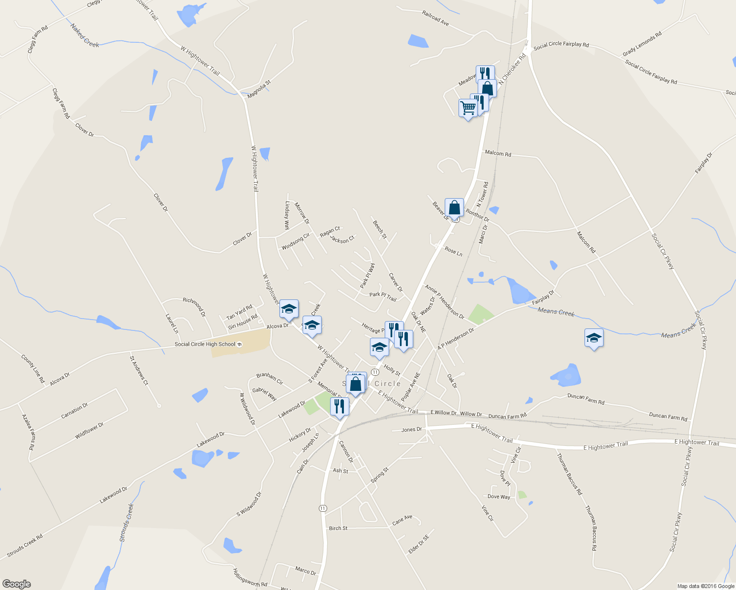 map of restaurants, bars, coffee shops, grocery stores, and more near Park Place Trail in Social Circle
