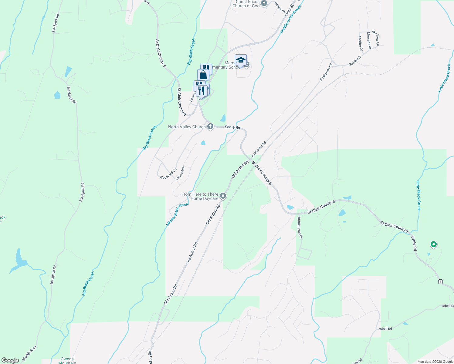 map of restaurants, bars, coffee shops, grocery stores, and more near 7395 Old Acton Road in Moody