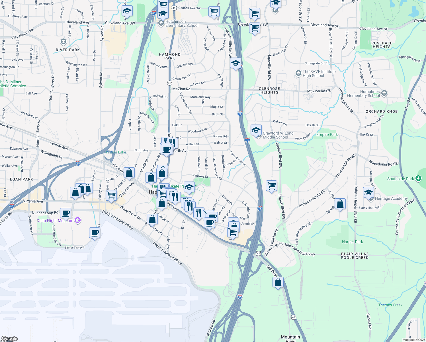 map of restaurants, bars, coffee shops, grocery stores, and more near 3371 Old Jonesboro Road in Hapeville
