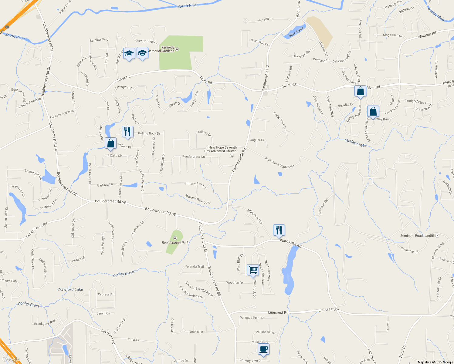 map of restaurants, bars, coffee shops, grocery stores, and more near 2644 Brittany Park Ln in Ellenwood