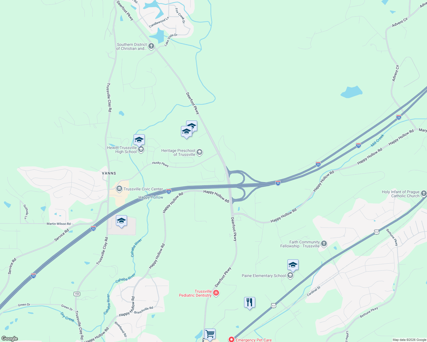map of restaurants, bars, coffee shops, grocery stores, and more near 6595 Husky Parkway. in Trussville