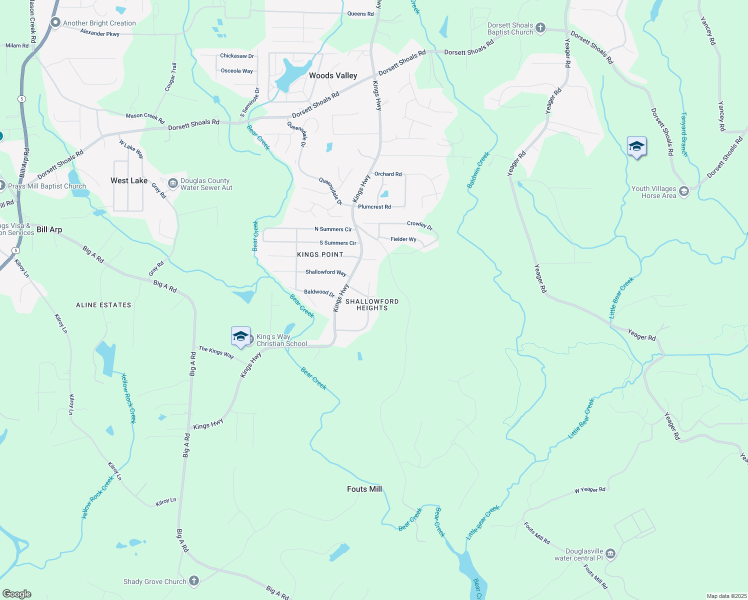 map of restaurants, bars, coffee shops, grocery stores, and more near 6069 Shallow Wood Lane in Douglasville