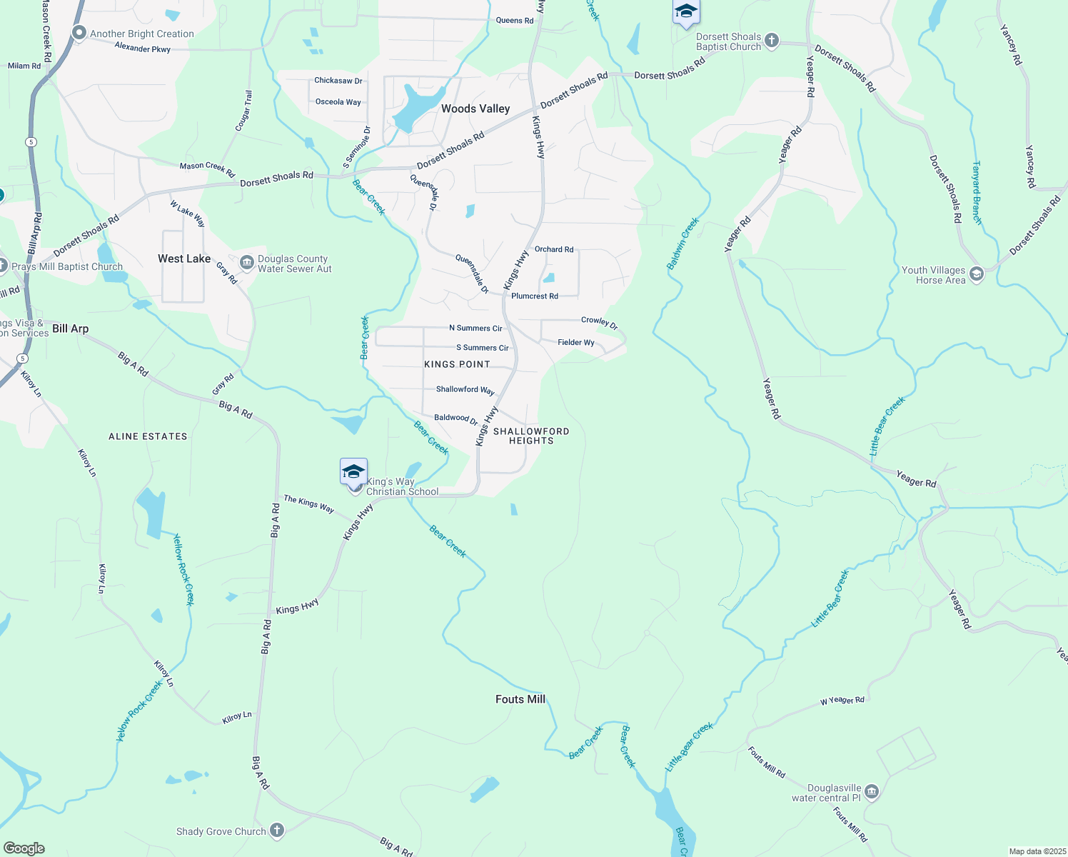 map of restaurants, bars, coffee shops, grocery stores, and more near 6069 Shallow Wood Lane in Douglasville