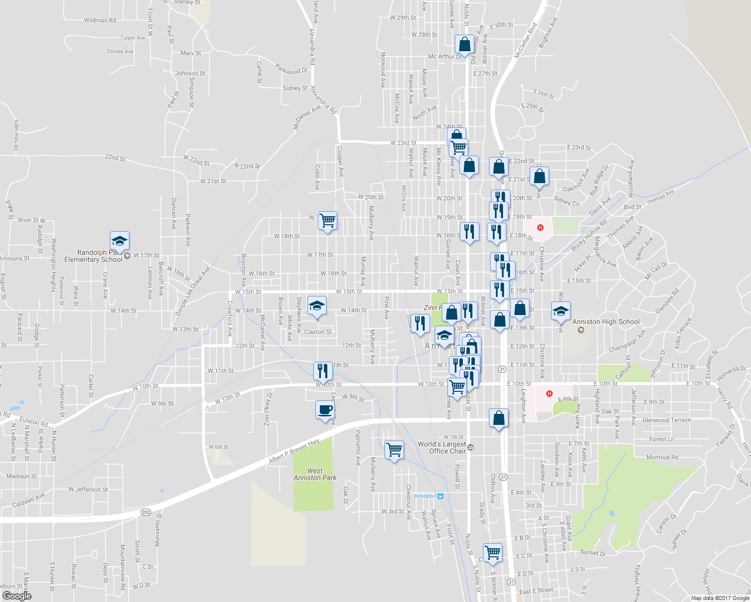 map of restaurants, bars, coffee shops, grocery stores, and more near 1407 Mulberry Avenue in Anniston