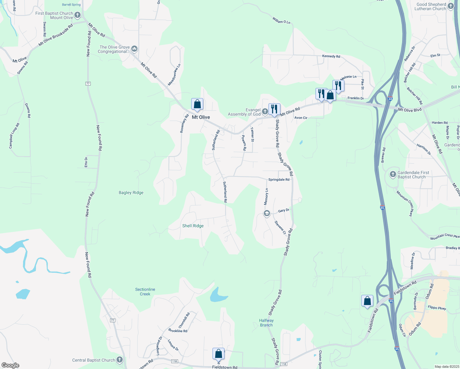 map of restaurants, bars, coffee shops, grocery stores, and more near 5311 Sutherland Road in Mount Olive