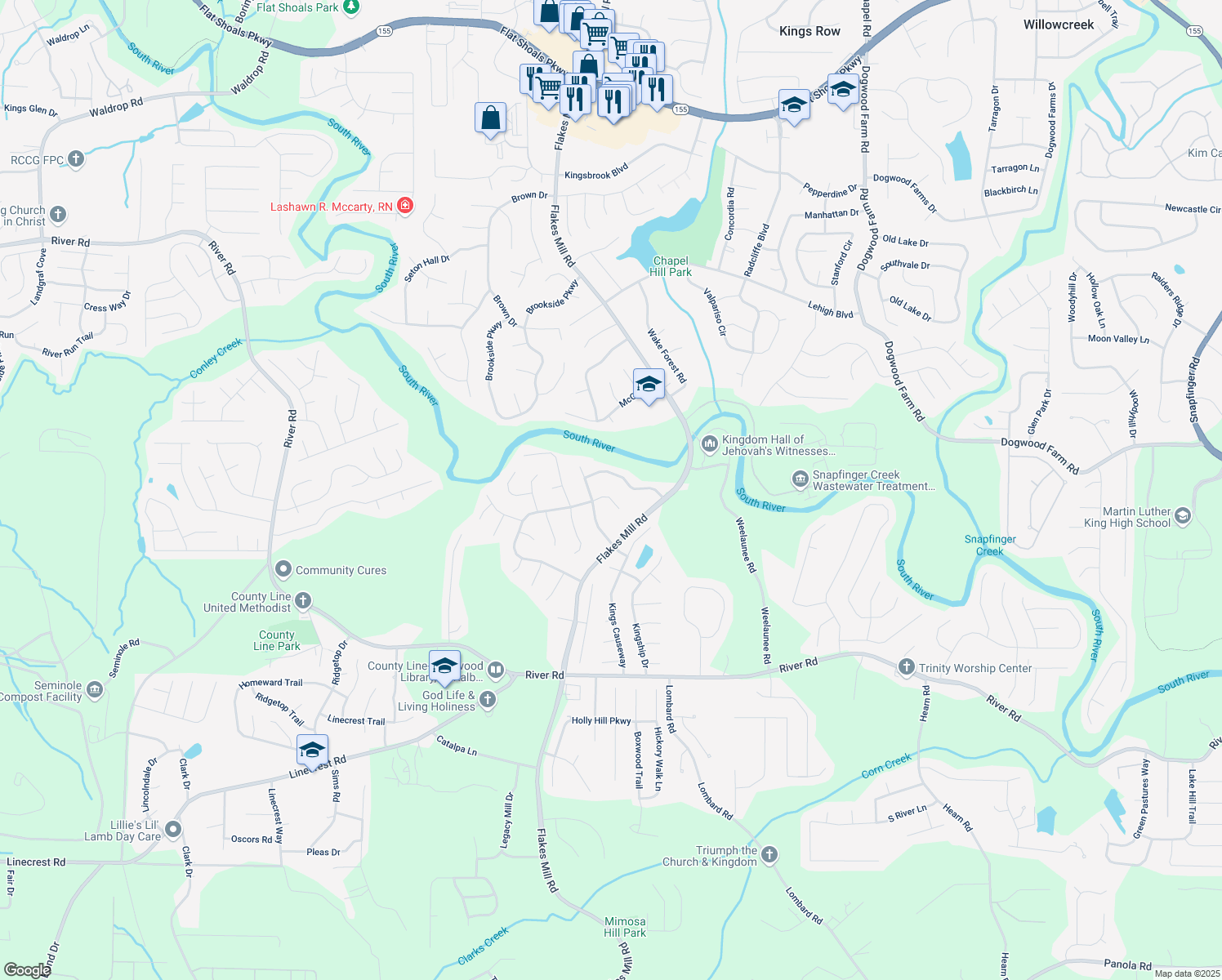 map of restaurants, bars, coffee shops, grocery stores, and more near 3924 Chimney Ridge Court in Ellenwood