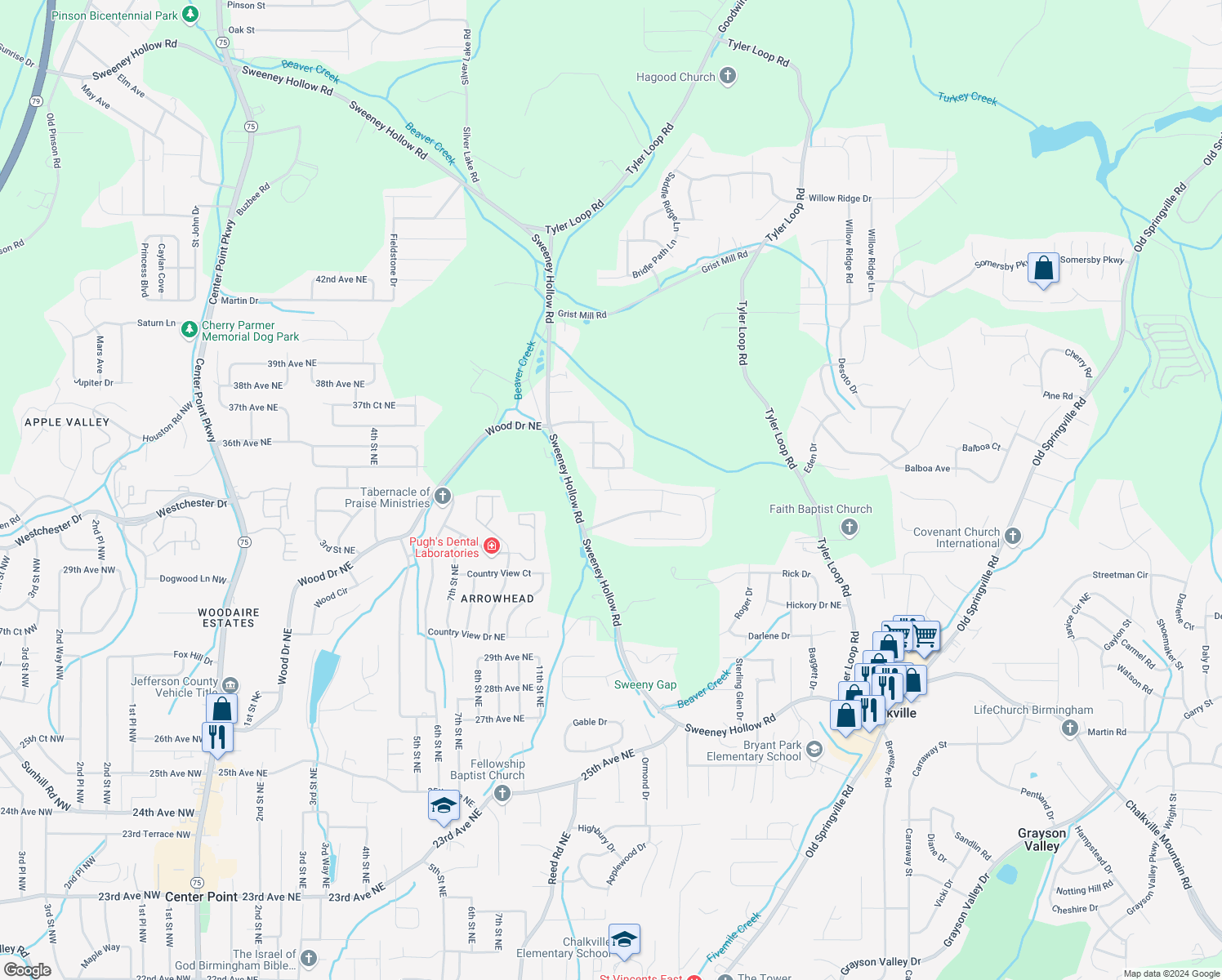 map of restaurants, bars, coffee shops, grocery stores, and more near 4624 Winchester Hills Way in Pinson